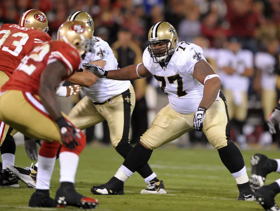 Sep 20, 2010; New Orleans Saints guard Carl Nicks (77) during a game against the San Francisco 49ers. Mandatory Credit: Kirby Lee/Image of Sport-Imagn Images