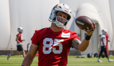 Cardinals TE Trey McBride makes a catch during minicamp. The tight end is a likely candidate to mak...