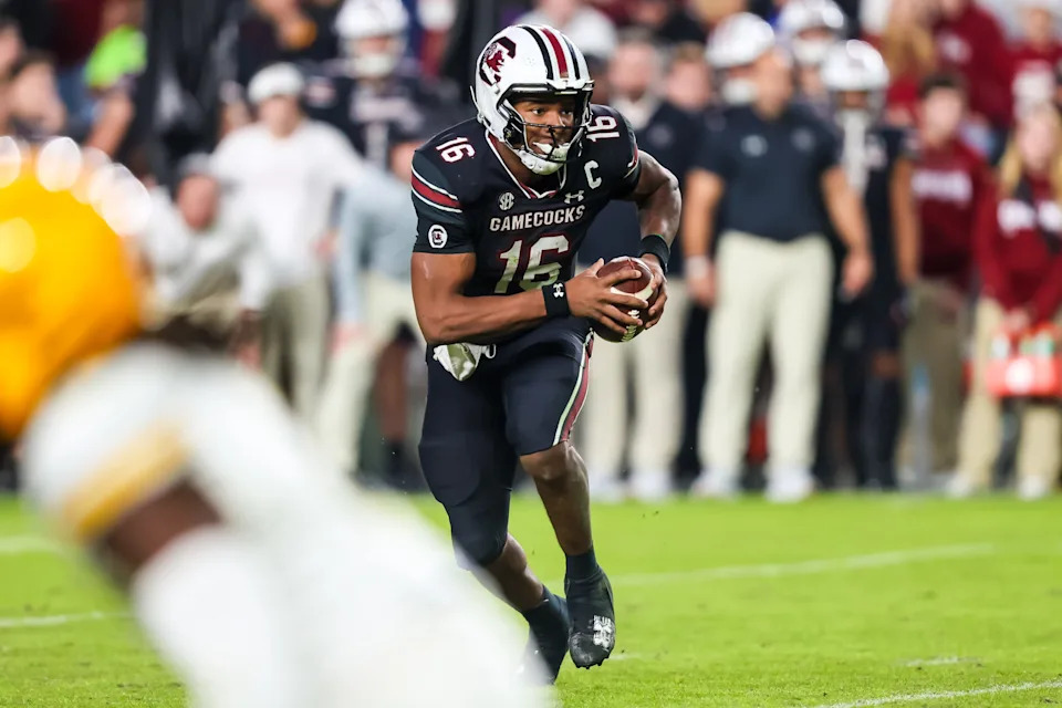 Nov 16, 2024; Columbia, South Carolina, USA; South Carolina Gamecocks quarterback LaNorris Sellers (16) scrambles against the Missouri Tigers in the second half at Williams-Brice Stadium. Mandatory Credit: Jeff Blake-Imagn Images