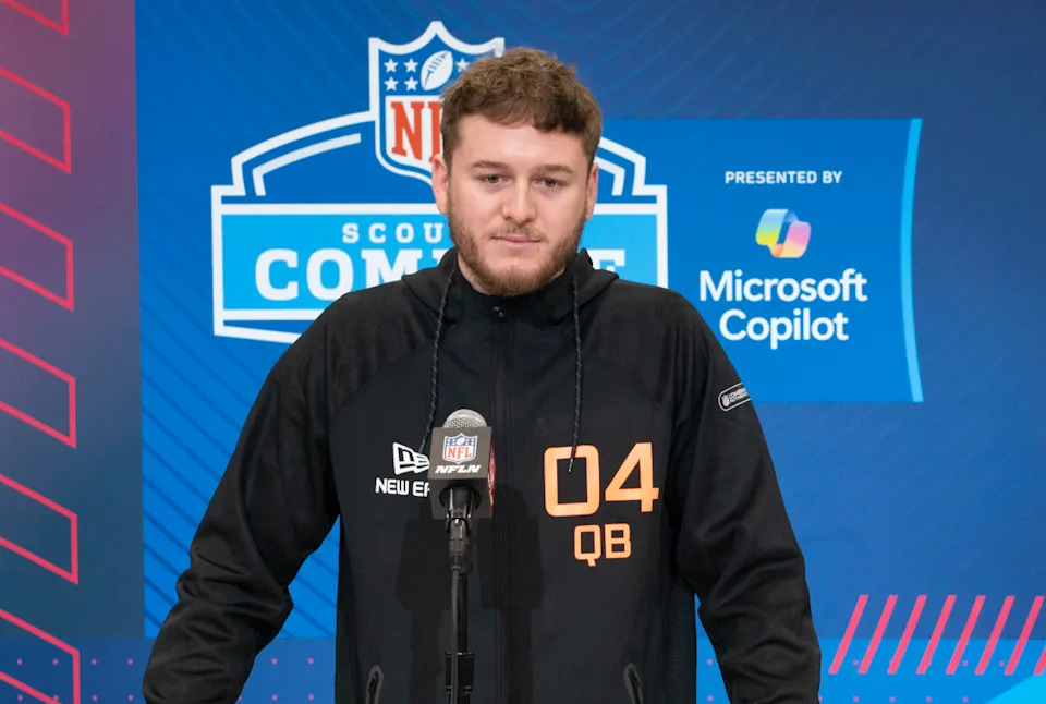 Texas Longhorns quarterback Quinn Ewers (QB04) at the NFL Scouting Combine.Stephanie Amador Blondet-Imagn Image