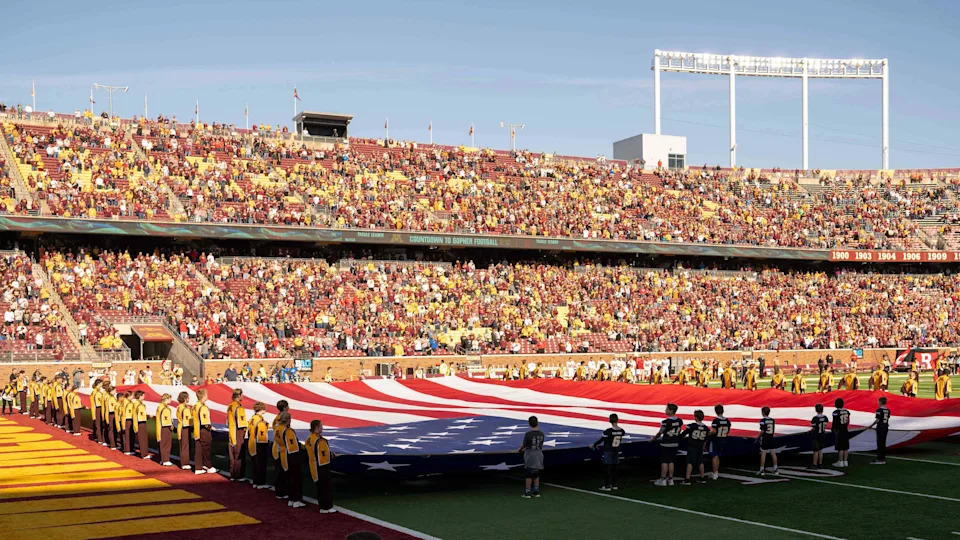 Oct 29, 2022; Minneapolis, Minnesota, USA; Pregame between the Rutgers Scarlet Knights and Minnesota Golden Gophers at Huntington Bank Stadium. Mandatory Credit: Matt Blewett-USA TODAY Sports