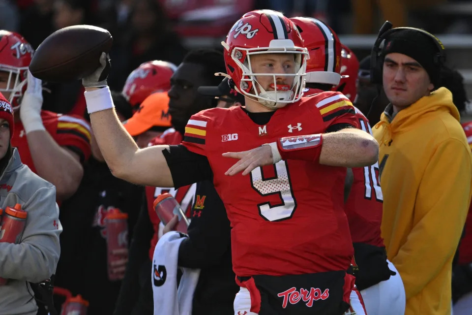Nov 23, 2024; College Park, Maryland, USA; Maryland Terrapins quarterback Billy Edwards Jr. (9) throws during the first half against the Iowa Hawkeyes at SECU Stadium. Mandatory Credit: Tommy Gilligan-Imagn Images