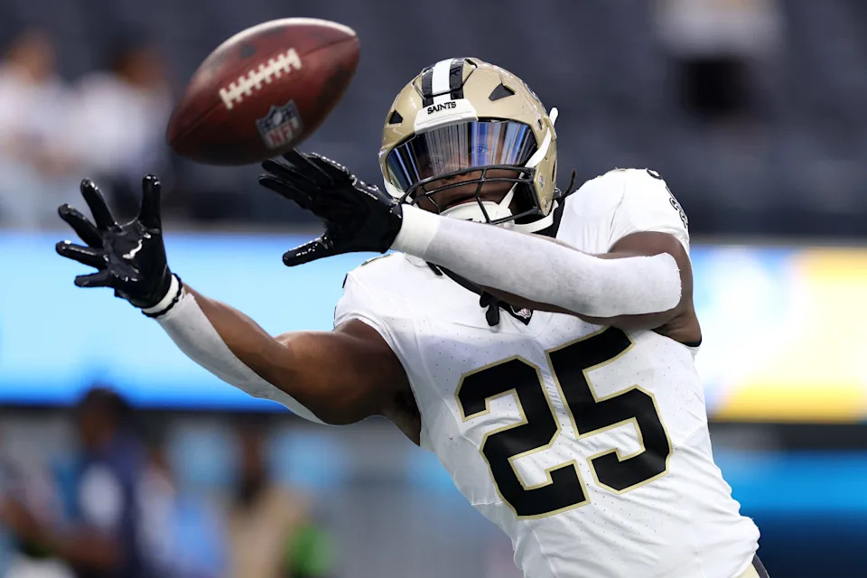 INGLEWOOD, CALIFORNIA - AUGUST 20: Kendre Miller #25 of the New Orleans Saints warms up prior to the preseason game against the Los Angeles Chargers at SoFi Stadium on August 20, 2023 in Inglewood, California. (Photo by Katelyn Mulcahy/Getty Images)