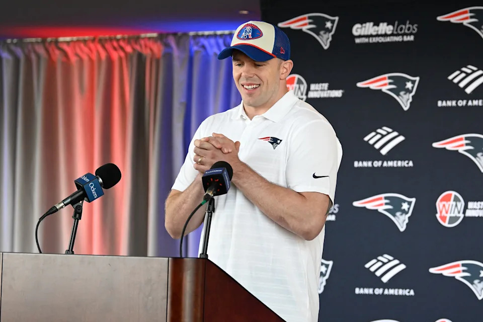 Mar 13, 2025; Foxborough, MA, USA; New England Patriots linebacker Robert Spillane discusses his recent free agent addition to the Patriots with the media at Gillette Stadium. Mandatory Credit: Eric Canha-Imagn Images