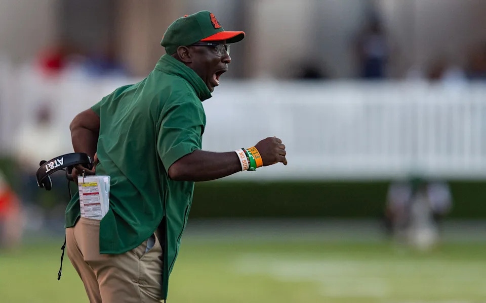 Florida A&M Rattlers' head coach James Colzie III yells during the game against the Jackson State Tigers in Jackson, Miss., on Saturday, Oct. 19, 2024.