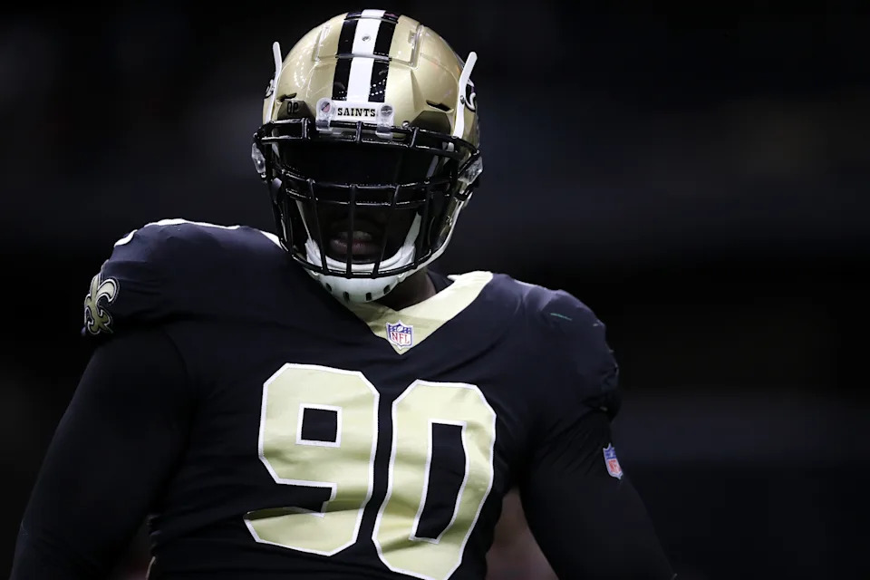 NEW ORLEANS, LA - DECEMBER 24: George Johnson #90 of the New Orleans Saints in action against the Atlanta Falcons at Mercedes-Benz Superdome on December 24, 2017 in New Orleans, Louisiana. (Photo by Chris Graythen/Getty Images)