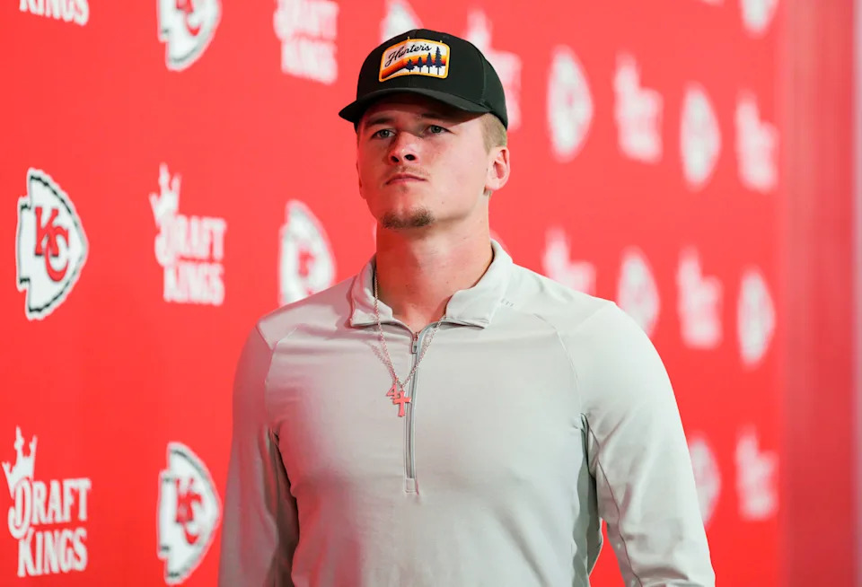 Sep 15, 2024; Kansas City, Missouri, USA; Kansas City Chiefs quarterback Bailey Zappe (19) arrives prior to a game against the Cincinnati Bengals at GEHA Field at Arrowhead Stadium. Mandatory Credit: Jay Biggerstaff-Imagn Images