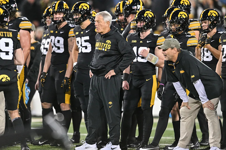 Nov 2, 2024; Iowa City, Iowa, USA; Iowa Hawkeyes head coach Kirk Ferentz watches his team warm up before the game against the Wisconsin Badgers at Kinnick Stadium. Mandatory Credit: Jeffrey Becker-Imagn Images