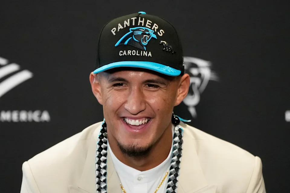 Carolina Panthers first-round draft pick Tetairoa McMillan speaks during a news conference at NFL football team's stadium Friday, April 25, 2025, in Charlotte, N.C. (AP Photo/Chris Carlson)