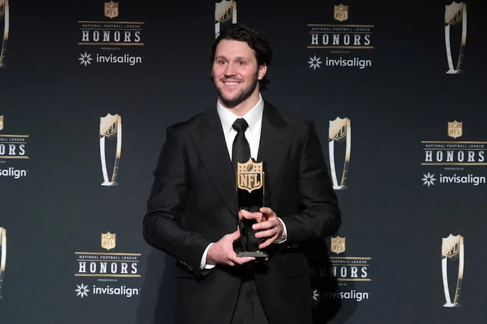 Feb 6, 2025; New Orleans, LA, USA; Buffalo Bills quarterback Josh Allen poses with the Most Valuable Player award during Super Bowl LIX NFL Honors at Saenger Theatre. Mandatory Credit: Kirby Lee-Imagn Images© Kirby Lee-Imagn Images