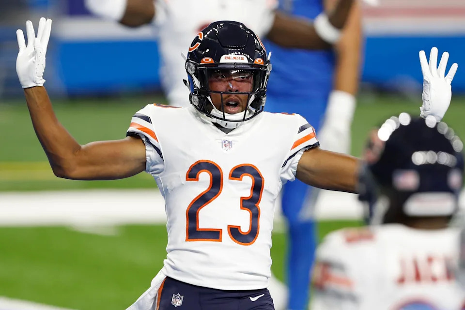 Sep 13, 2020; Detroit, Michigan, USA; Chicago Bears cornerback Kyle Fuller (23) puts his hands up after a play during the first quarter against the Detroit Lions at Ford Field. Mandatory Credit: Raj Mehta-USA TODAY Sports
