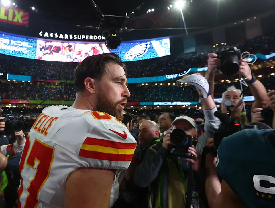 Kansas City Chiefs tight end Travis Kelce (87) reacts on the field after losing to the Philadelphia Eagles in Super Bowl LIX at Ceasars Superdome.Mark J. Rebilas-Imagn Images