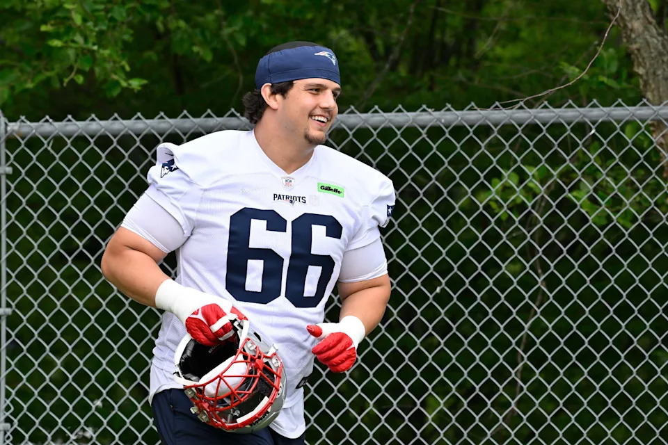 Jun 9, 2025; Foxborough, MA, USA; New England Patriots offensive tackle Will Campbell (66) jogs to the practice fields at Gillette Stadium. Mandatory Credit: Eric Canha-Imagn Images