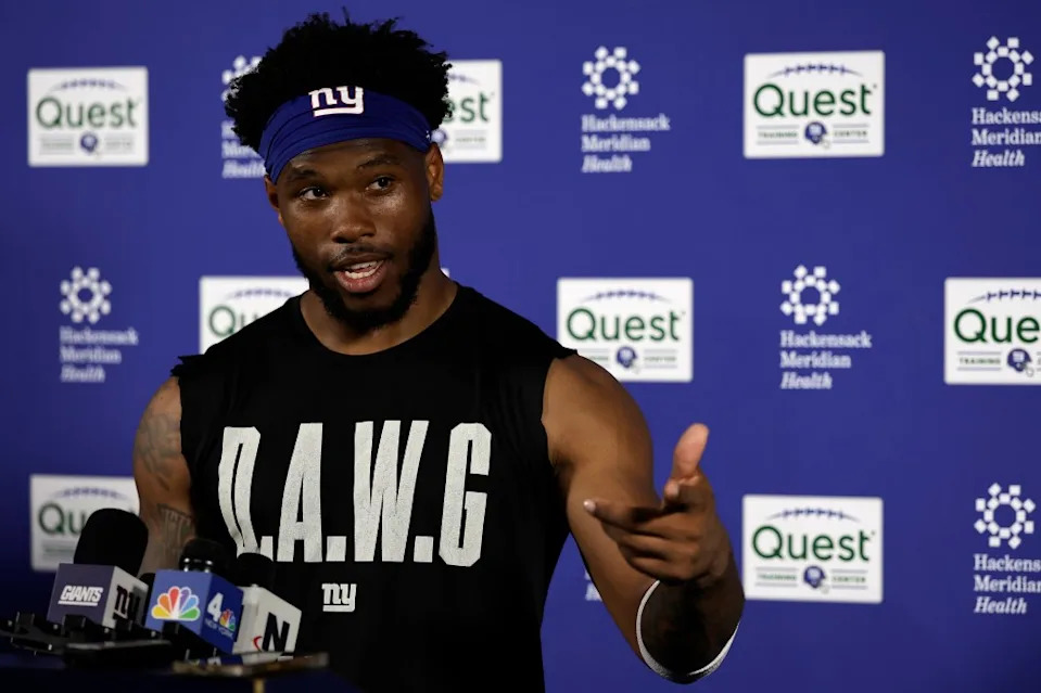 Giants running back Tyrone Tracy Jr. (29) speaks to the media at NFL football minicamp, Thursday, June 12, 2025, in East Rutherford, N.J. AP