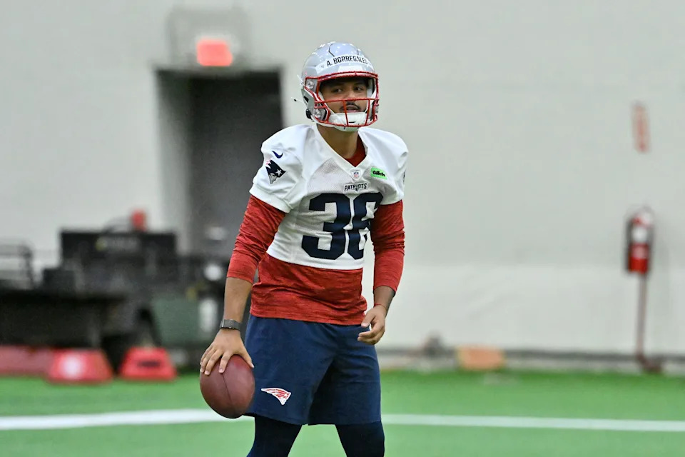 May 9, 2025; Foxborough, MA, USA; New England Patriots place kicker Andres Borregales (36) practices during rookie camp at Gillette Stadium. Mandatory Credit: Eric Canha-Imagn Images