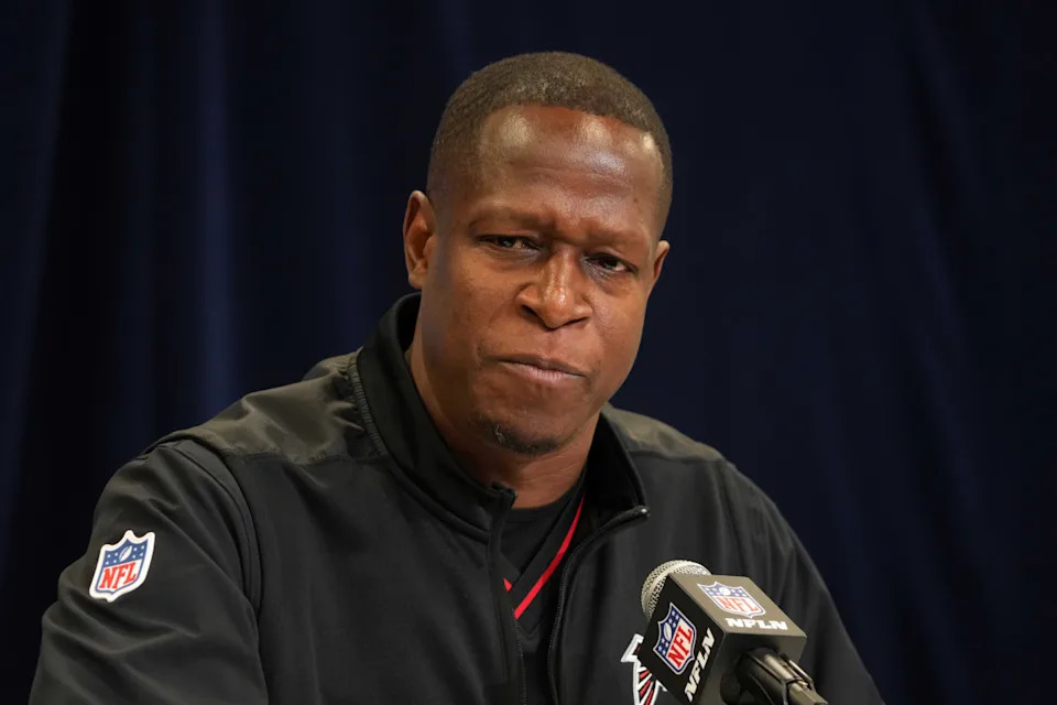 Feb 25, 2025; Indianapolis, IN, USA; Atlanta Falcons coach Raheem Morris speaks during the NFL Scouting Combine at the Indiana Convention Center.Kirby Lee-Imagn Images