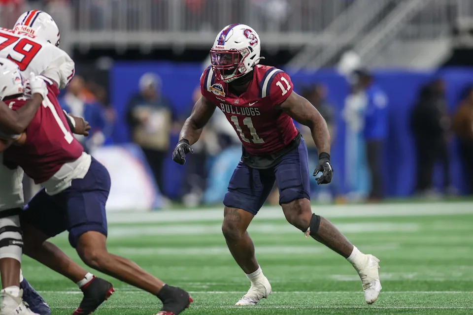 Dec 14, 2024; Atlanta, GA, USA; South Carolina State Bulldogs linebacker Aaron Smith (11) in action against the Jackson State Tigers in the second quarter at Mercedes-Benz Stadium. Mandatory Credit: Brett Davis-Imagn Images