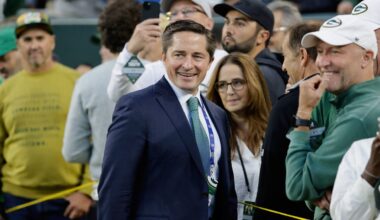 Green Bay Packers Vice President and general counsel Ed Policy during an NFL football game Thursday, Sept. 28, 2023, in Green Bay, Wis.