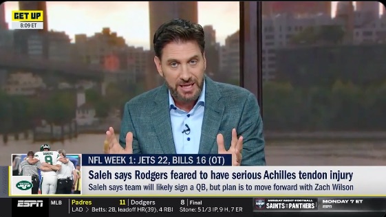 Mike Greenberg reacting to Aaron Rodgers' injury on ESPN's Get Up.