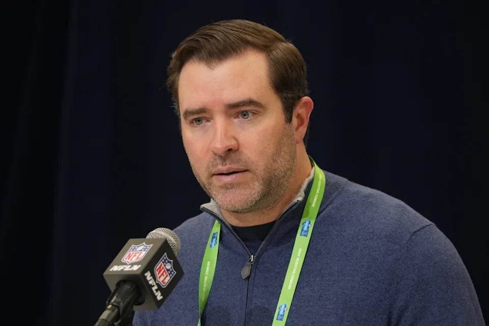 Feb 25, 2025; Indianapolis, IN, USA; Tennessee Titans coach Brian Callahan speaks during the NFL Scouting Combine at the Indiana Convention Center. Mandatory Credit: Kirby Lee-Imagn Images