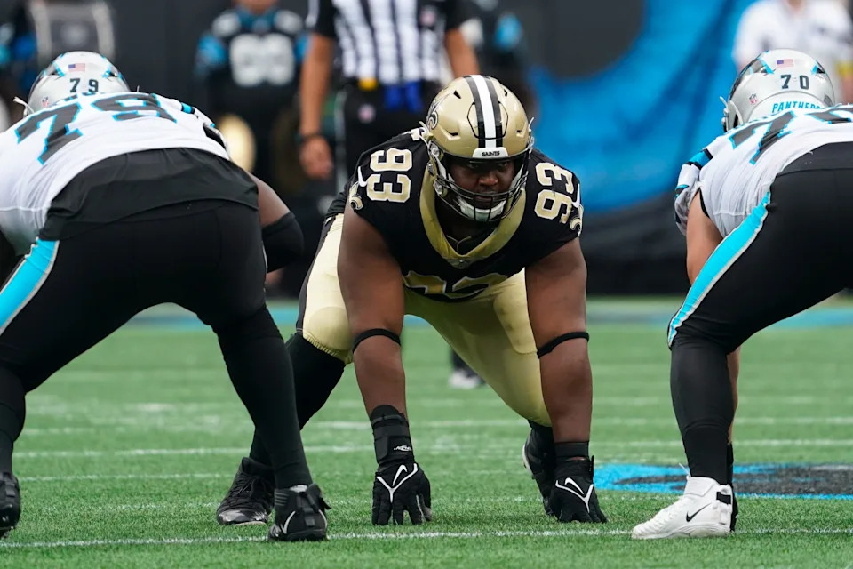 Sep 25, 2022; Charlotte, North Carolina, USA; New Orleans Saints defensive tackle David Onyemata (93) gets ready for the play against the Carolina Panthers during the second half at Bank of America Stadium. Mandatory Credit: James Guillory-USA TODAY Sports