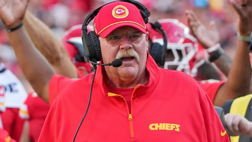 Kansas City Chiefs head coach Andy Reid reacts to a no-call against the Cincinnati Bengals during the game at GEHA Field at Arrowhead Stadium.Denny Medley/Imagn Images