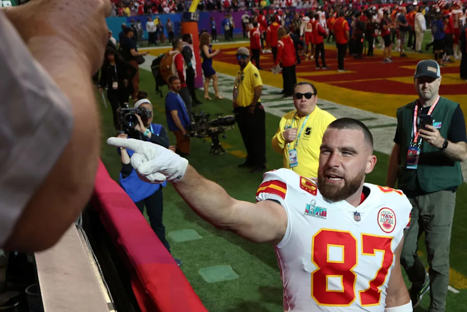 Kansas City Chiefs tight end Travis Kelce (87) leaves the field after warm ups before Super Bowl LVII against the Philadelphia Eagles at State Farm Stadium.Bill Streicher-Imagn Images