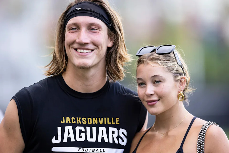 JACKSONVILLE, FLORIDA - AUGUST 02: Trevor Lawrence #16 of the Jacksonville Jaguars poses for a photo with his wife Marissa during Training Camp at Miller Electric Center on August 02, 2023 in Jacksonville, Florida. (Photo by James Gilbert/Getty Images)James Gilbert&sol;Getty Images