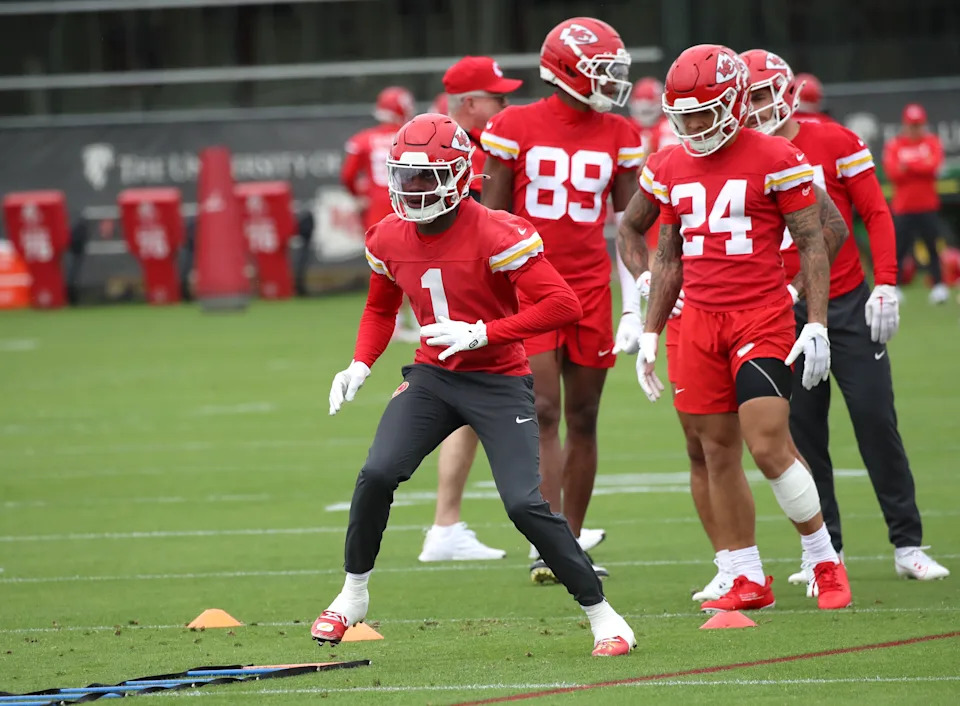 KANSAS CITY, MISSOURI - MAY 29: Wide receiver Xavier Worthy #1 of the Kansas City Chiefs runs a ladder footwork drill during the Kansas City Chiefs OTAs at The University of Kansas Health System Training Complex on May 29, 2025 in Kansas City, Missouri. (Photo by Bruce Yeung/Getty Images)