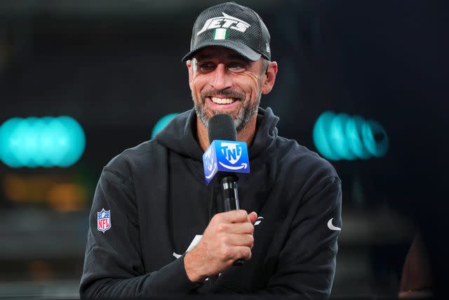 Cooper Neill/Getty Aaron Rodgers visits on set of the TNF Prime postgame show on Oct. 31, 2024, in East Rutherford, N.J.