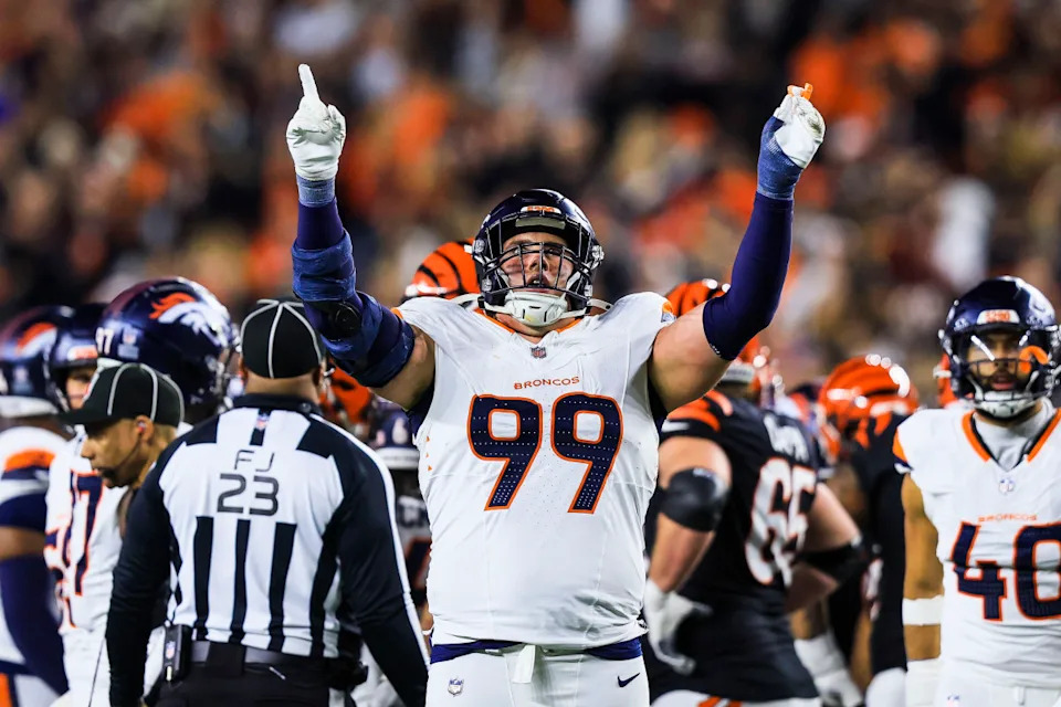 Denver Broncos defensive end Zach Allen (99) reacts after a play against the Cincinnati Bengals in the second half at Paycor Stadium.Katie Stratman-Imagn Images