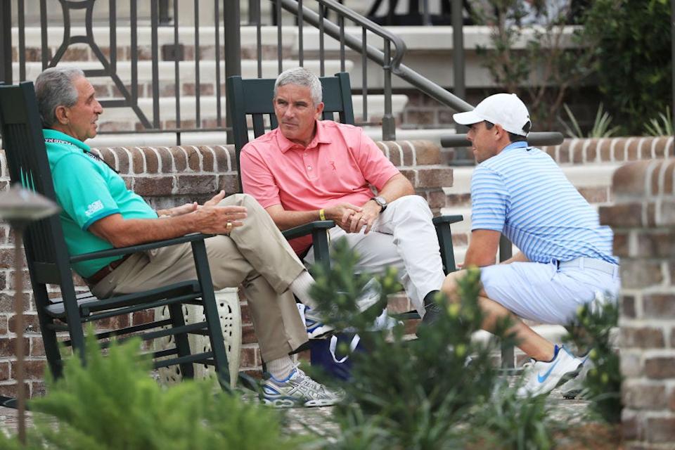 Atlanta Falcons owner Arthur Blank (left), PGA Tour Commissioner Jay Monahan (center) and Rory McIlroy chat at the Harbour Town Golf Links clubhouse during the week of the 2020 RBC Heritage. Blank has made a $10 million grant to First Tee through his family foundation, and has donated more than $25 million in all.