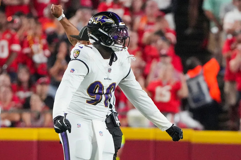 Sep 5, 2024; Kansas City, Missouri, USA; Baltimore Ravens linebacker David Ojabo (90) celebrates after a sack against the Kansas City Chiefs during the first half at GEHA Field at Arrowhead Stadium. Mandatory Credit: Denny Medley-Imagn Images
