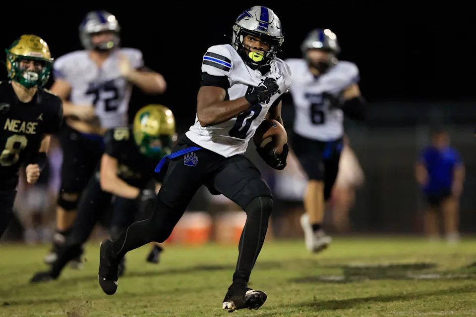 Bartram Trail's Arthur Lewis IV (0) scores a touchdown during the second quarter of a high school football matchup Thursday, Nov. 7, 2024 at Nease High School in Ponte Vedra Beach, Fla. The Nease Panthers held off the Bartram Trail Bears 56-42.