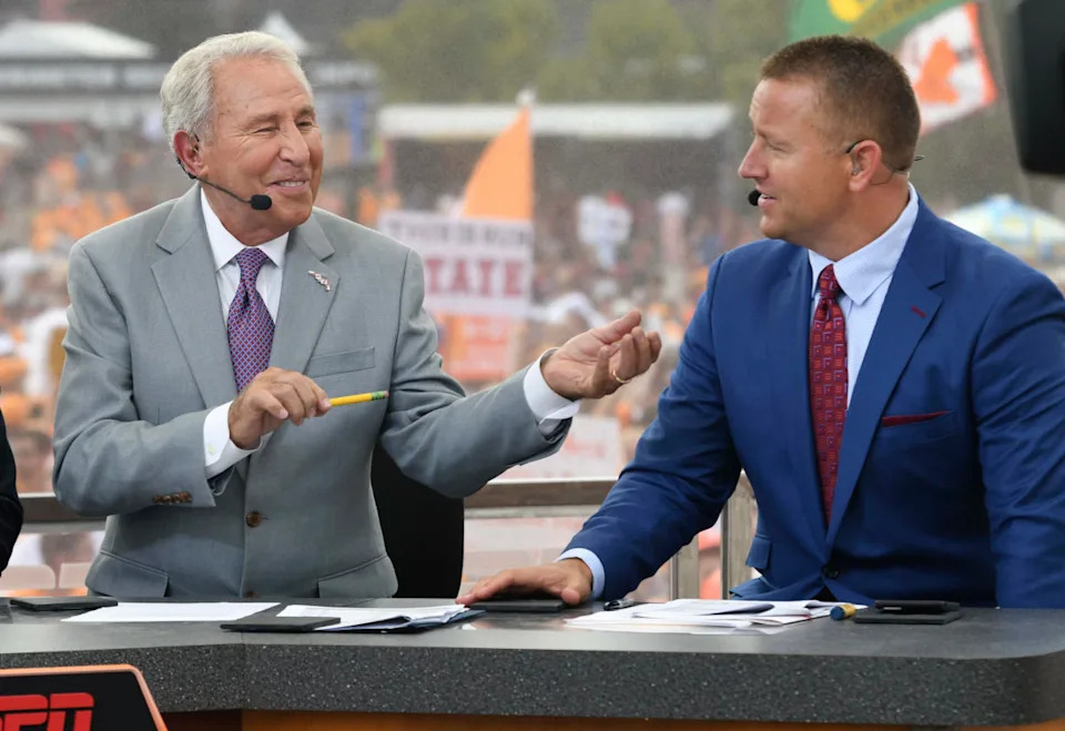 BRISTOL, TN - SEPTEMBER 10: ESPN's Lee Corso and Kirk Herbstreit on set during College Gameday prior to the game between the Virginia Tech Hokies and the Tennessee Volunteers at Bristol Motor Speedway on September 10, 2016 in Bristol, Tennessee. (Photo by Michael Shroyer/Getty Images)