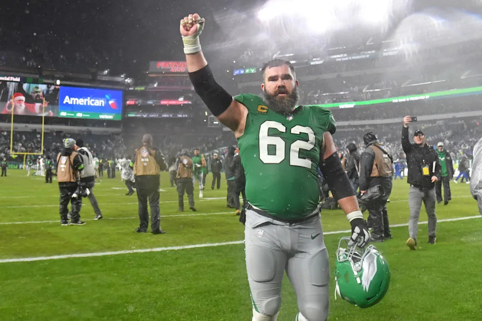 Philadelphia Eagles center Jason Kelce (62) walks off the field after overtime win against the Buffalo Bills.Eric Hartline-Imagn Images