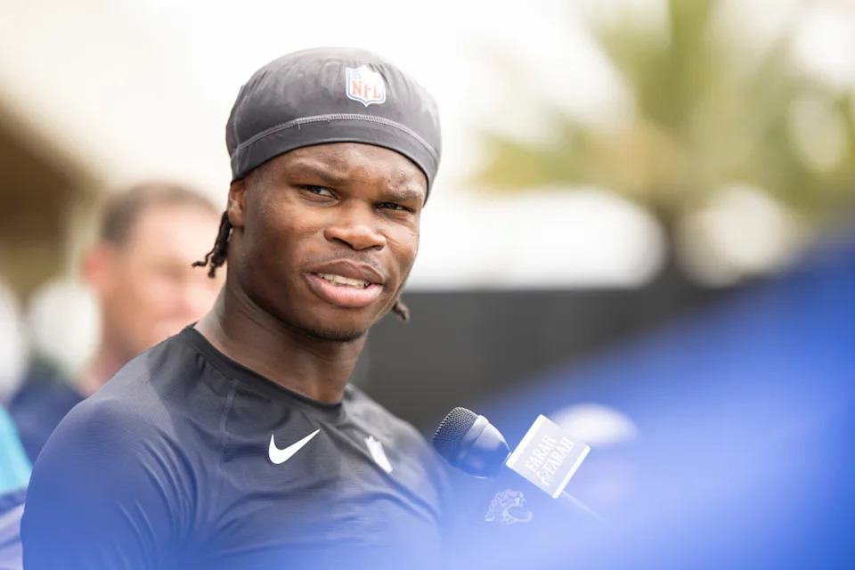 JACKSONVILLE, FLORIDA - MAY 10: Travis Hunter #12 of the Jacksonville Jaguars speaks to the Media during Jacksonville Jaguars Rookie Minicamp at Miller Electric Center on May 10, 2025 in Jacksonville, Florida. (Photo by James Gilbert/Getty Images)James Gilbert&sol;Getty Images