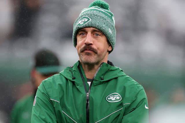 Al Bello/Getty NFL player Aaron Rodgers during warm ups on Dec. 3, 2023, in East Rutherford, N.J.