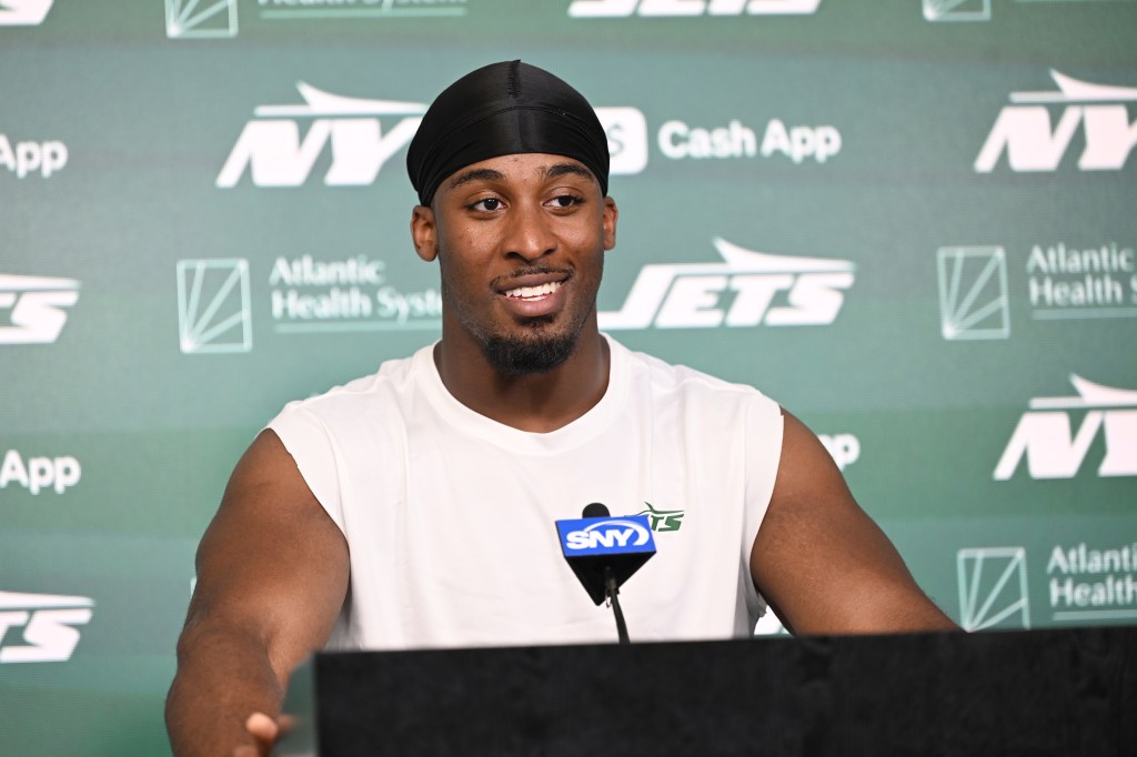 New York Jets running back Breece Hall at a press conference.