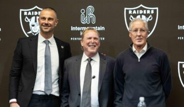 Las Vegas Raiders owner Mark Davis, head coach Pete Carroll, general manager John Spytek