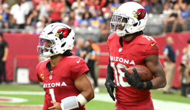 Marvin Harrison Jr. and Kyler Murray look on during a Cardinals game....