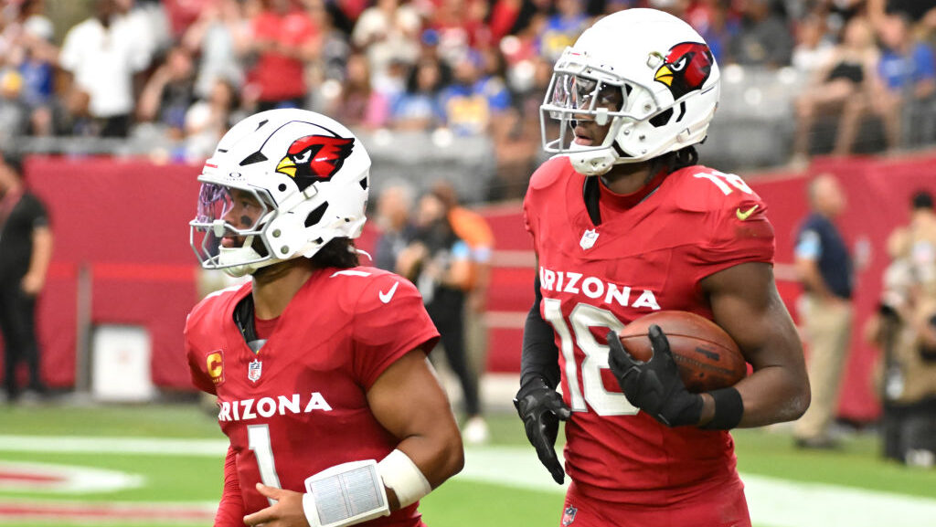 Marvin Harrison Jr. and Kyler Murray look on during a Cardinals game....