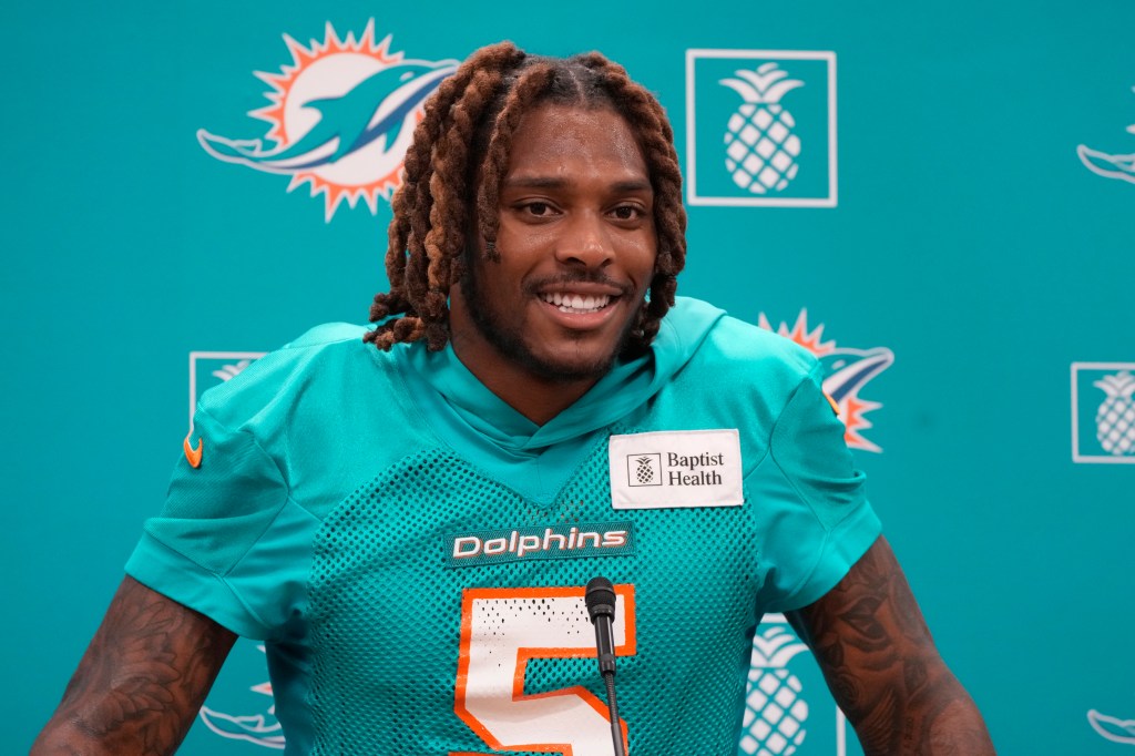 Miami Dolphins cornerback Jalen Ramsey smiles as he speaks during a news conference at the NFL football team's training facility, Tuesday, July 25, 2023, in Miami Gardens, Fla.  
