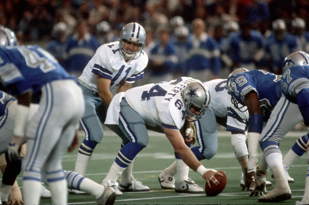 Tom Rafferty lines up at center — where he played for nearly a decade through the 1980's.