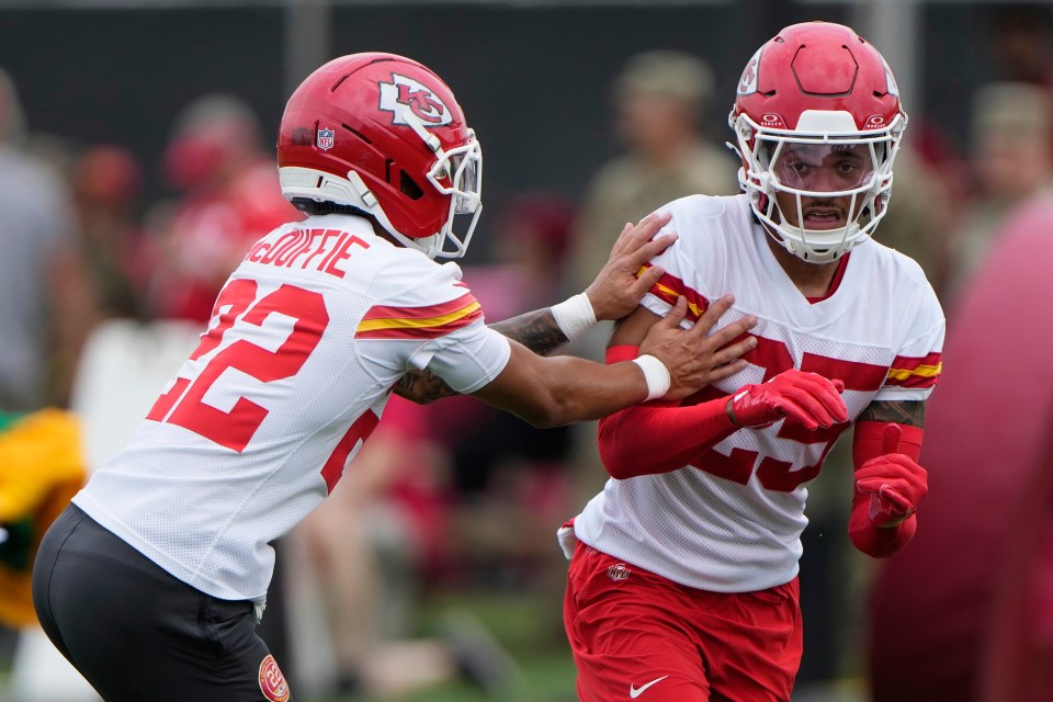 Kansas City Chiefs players Trent McDuffie and Glendon Miller practicing.