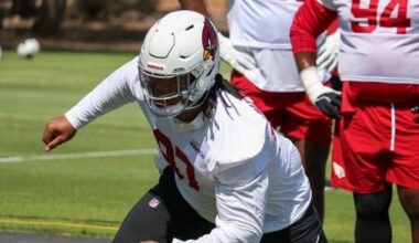 Walter Nolen III participates in drills during Cardinals minicamp...