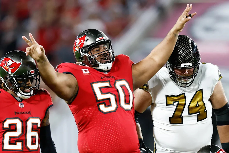 Dec 5, 2022; Tampa, Florida, USA; Tampa Bay Buccaneers defensive tackle Vita Vea (50) reacts against the New Orleans Saints during the first quarter at Raymond James Stadium. Mandatory Credit: Douglas DeFelice-USA TODAY Sports