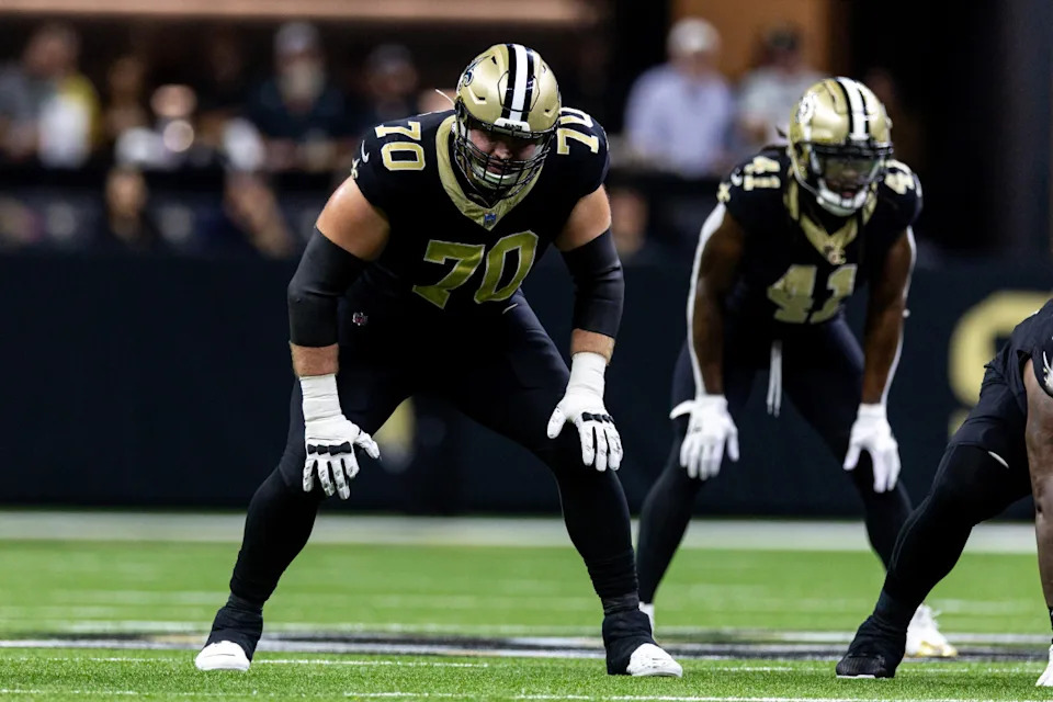 New Orleans Saints offensive tackle Trevor Penning (70) looks on against the Philadelphia Eagles during the first half at Caesars Superdome.Stephen Lew-Imagn Images