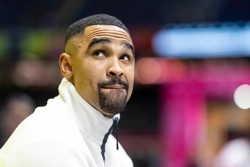 NEW ORLEANS, LOUISIANA - FEBRUARY 3: Jalen Hurts #1 of the Philadelphia Eagles looks on as he does an interview during Super Bowl LIX Opening Night on February 02, 2025 in New Orleans, Louisiana. (Photo by Michael Owens/Getty Images)Michael Owens&sol;Getty Images