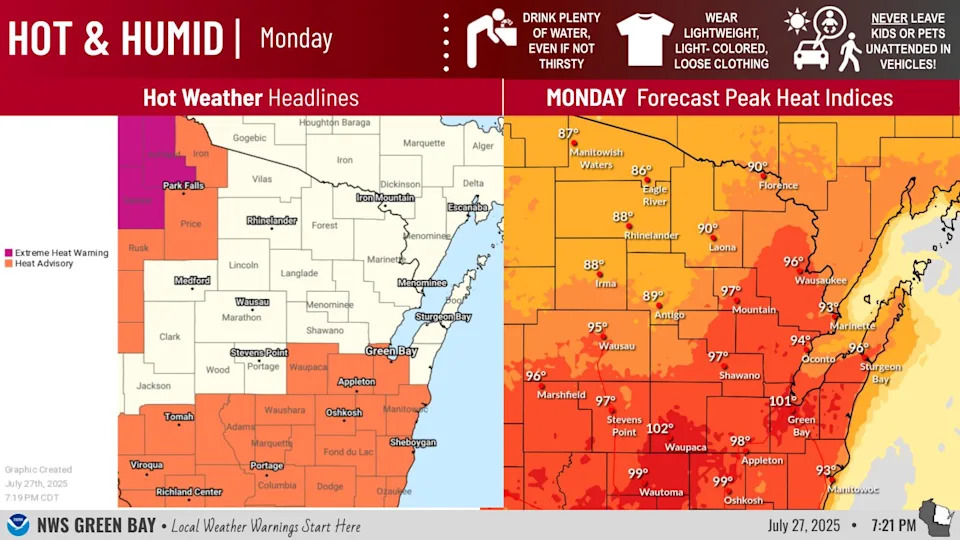 The heat index will be near 100 degrees on Monday, July 28, according to the National Weather Service.